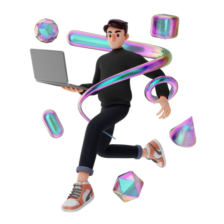 Man running while holding laptop  3D Illustration