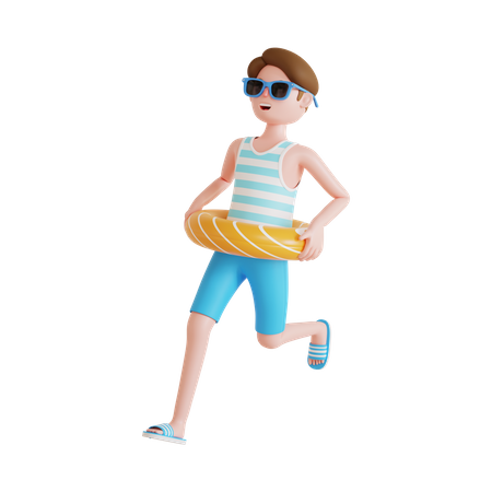 Man running while wearing swimming ring  3D Illustration