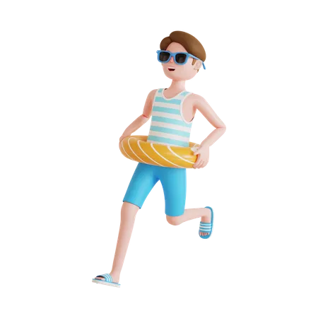 Man running while wearing swimming ring  3D Illustration