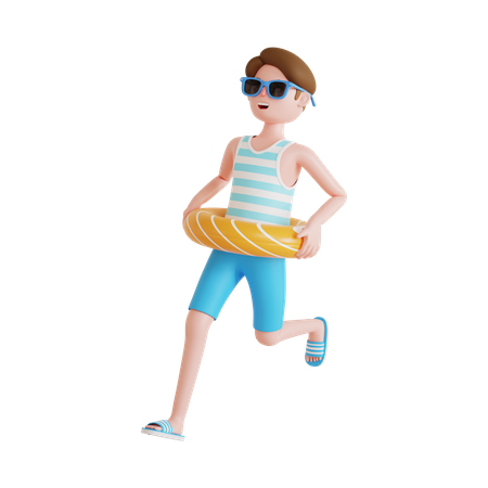 Man running while wearing swimming ring 3D Illustration