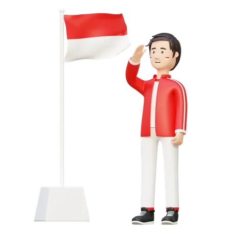 Man saluting indonesia flag  3D Illustration