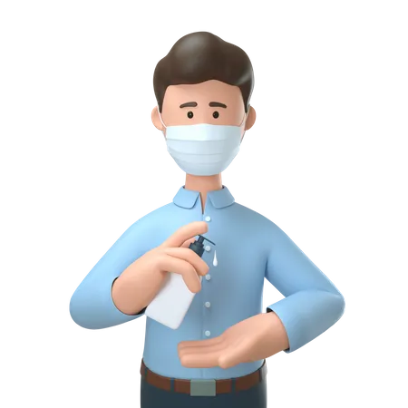 3 D Illustration Of Man Wearing Medical Mask And Cleaning Hands With Sanitizer Antiseptic Gel For Protection From Virus Infection Cartoon Male Character 3D Illustration