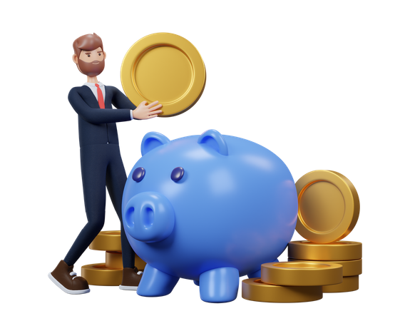 Man Saving Coin In Piggy Bank  3D Illustration