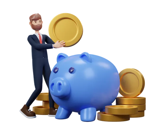 Man Saving Coin In Piggy Bank 3 D Rendering Illustration 3D Illustration