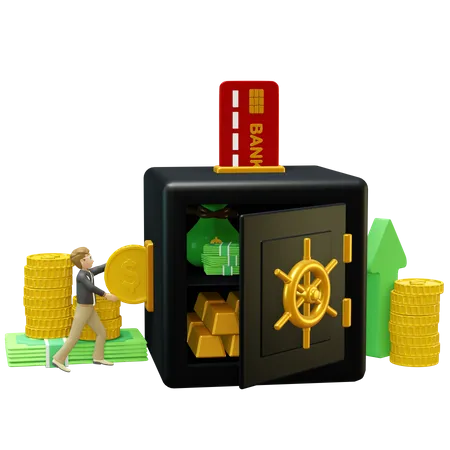 Man saving his money in safe vault  3D Illustration