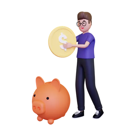 Man Keeping Money In The Piggy Bank 3D Illustration