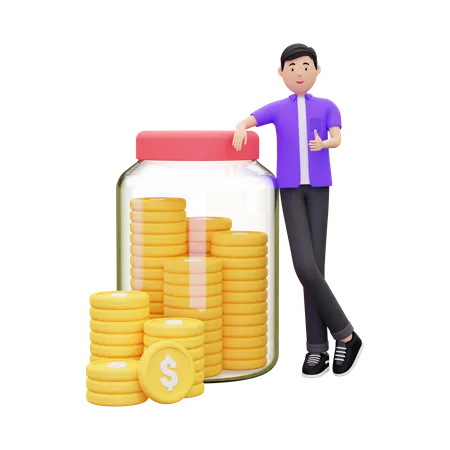 Man Saving Money In Jar  3D Illustration