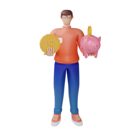 Man saving money into piggy bank  3D Illustration