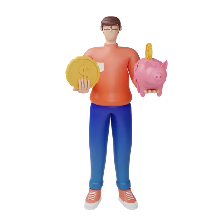 Man saving money into piggy bank  3D Illustration