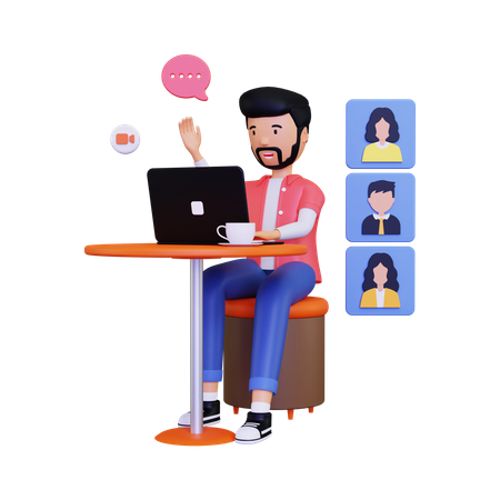 Man say hello to friends during a group video  3D Icon