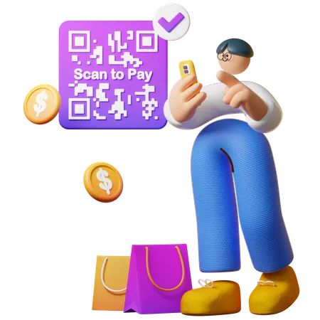 Man Scanning Qr Barcode Cashless  3D Illustration