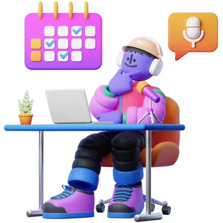 ポッドキャストのリリース日をスケジュールする男性  3D Illustration