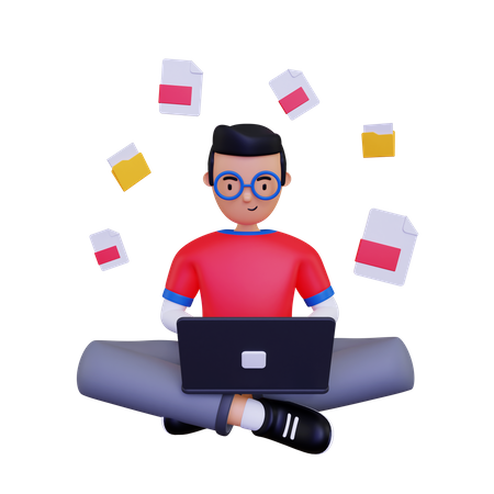 Man searching for files from the laptop  3D Illustration