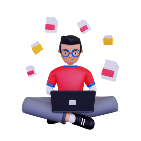 Man searching for files from the laptop 3D Illustration