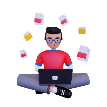 Man searching for files from the laptop  3D Illustration