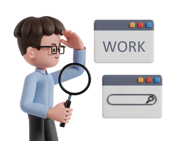 3 D Male Character Looking For Online Job Man Holding Magnifying Glass With Hand Over Forehead Looking For Work 3D Illustration