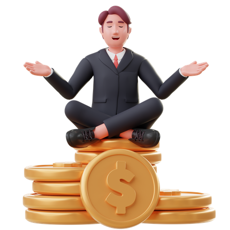 Man seat on money stack and achieve Financial freedom 3D Illustration
