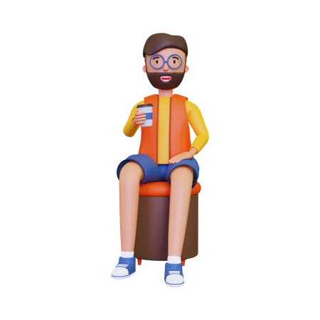 Man seating in cafe with coffee glass 3D Illustration