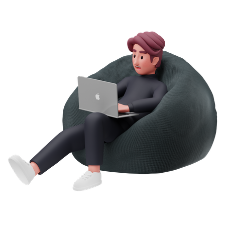 Man seating on beanbag and work on laptop  3D Illustration