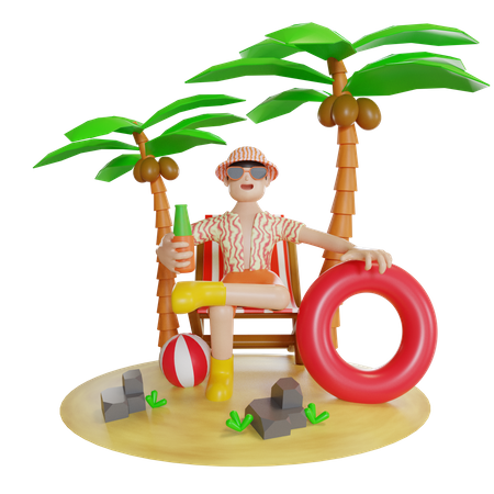 Man seating On Island on beach deck  3D Illustration