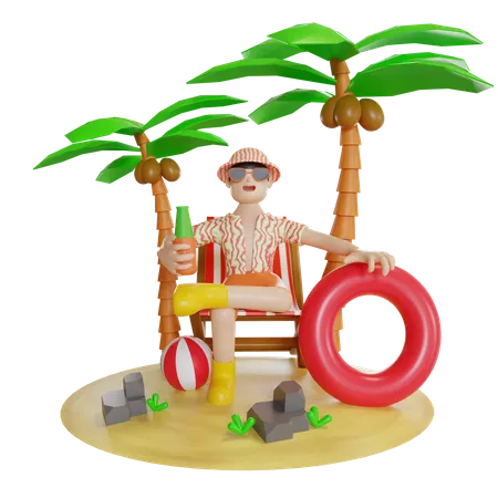 Man seating On Island on beach deck  3D Illustration