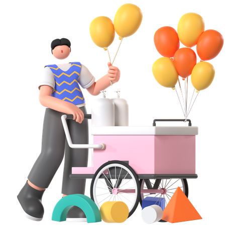 Man selling balloons from Balloon Cart  3D Icon