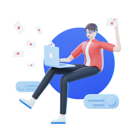 Man Sending Emails  3D Illustration