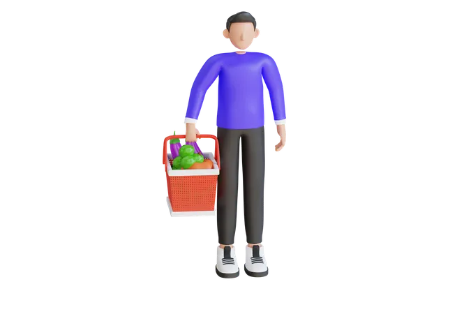 野菜を買い物する男性  3D Illustration