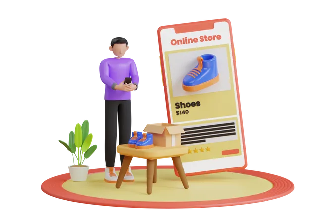 Man shopping online on website with smartphone  3D Illustration