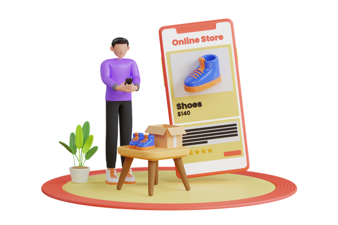 Man shopping online on website with smartphone  3D Illustration