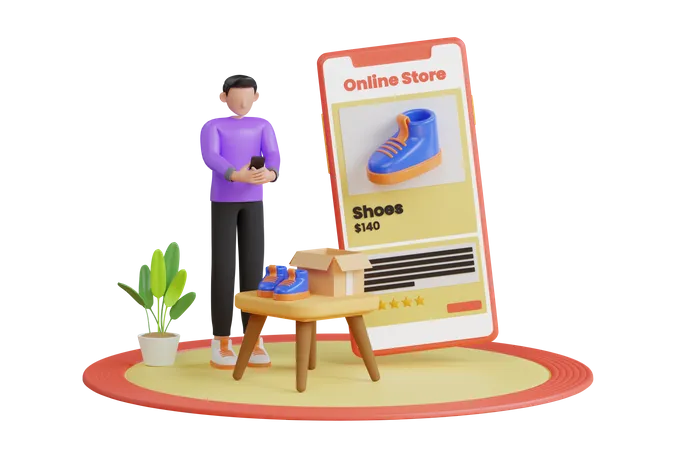 Man Shopping Online On Website With Smartphone And Giving Five Stars Rating Online Shopping With Give 5 Rating And Review Customer Rate For Success Work 3 D Illustration 3D Illustration