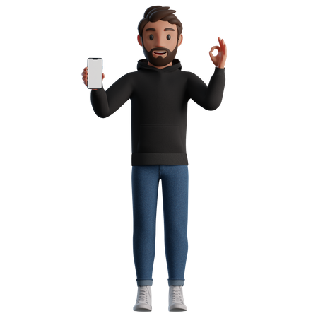 Man showing a smartphone with blank screen and OK gesture  3D Icon