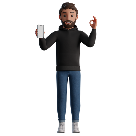 Man showing a smartphone with blank screen and OK gesture 3D Illustration