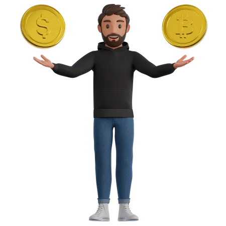 A Man In A Black Hoodie And Blue Jeans Is Showing Bitcoin And Dollar Coin 3 D Render Illustration 3D Illustration