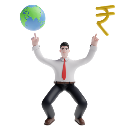 Man showing earth and rupee sign  3D Illustration