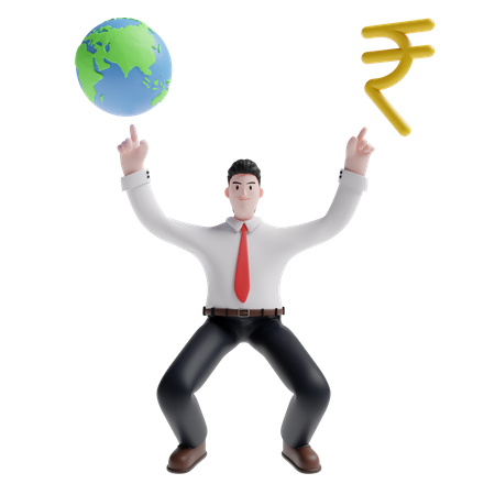 Man showing earth and rupee sign  3D Icon