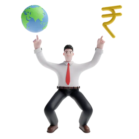 Man showing earth and rupee sign  3D Illustration