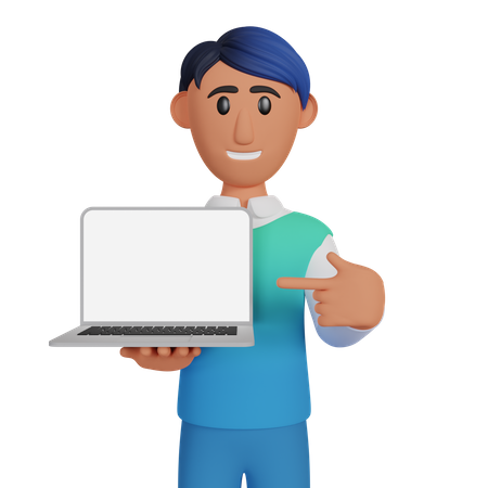 Man Showing Laptop Screen  3D Illustration