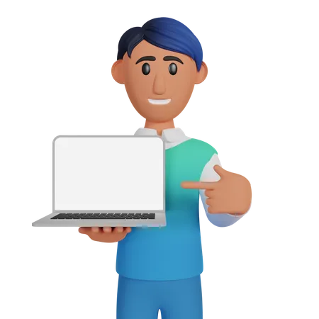 Man Showing Laptop Screen  3D Illustration