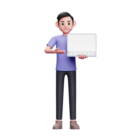 Boy Standing Offering Product By Showing Laptop Screen 3 D Render Character Illustration 3D Illustration