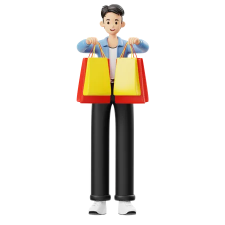 Man Showing Shopping Bags With Two Hands  3D Illustration