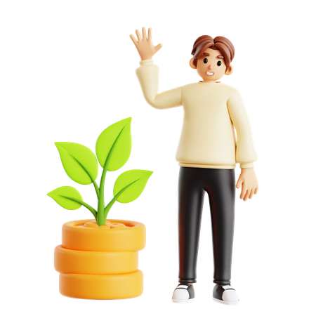 Man Showing Sustainable Investment With Growing Plant And Coins  3D Icon