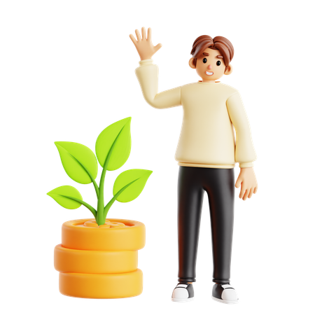 Man Showing Sustainable Investment With Growing Plant And Coins  3D Illustration
