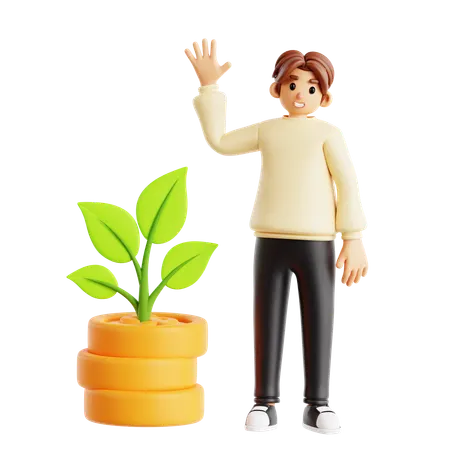 Man Showing Sustainable Investment With Growing Plant And Coins  3D Illustration