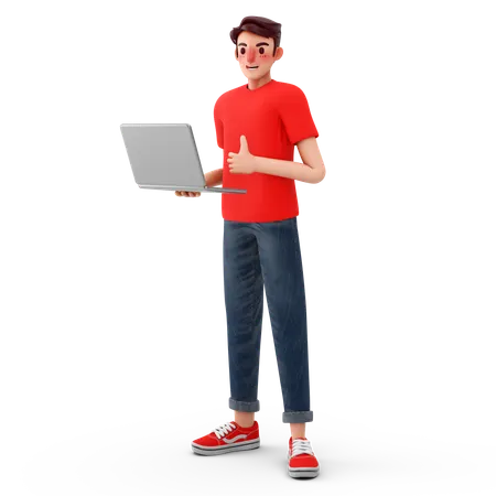 Man showing thumbs up while using laptop  3D Illustration