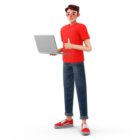 ノートパソコンを使いながら親指を立てている男性  3D Illustration