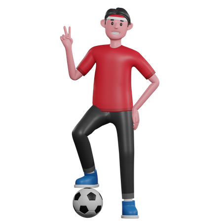 Man Showing Victory Sign and Ball 3D Illustration