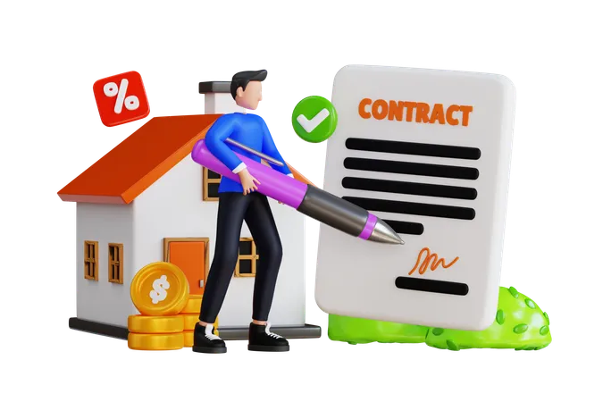 3 D Illustration Of Man Sign Contract After Buying Home Signing House Contract 3 D Illustration 3D Illustration