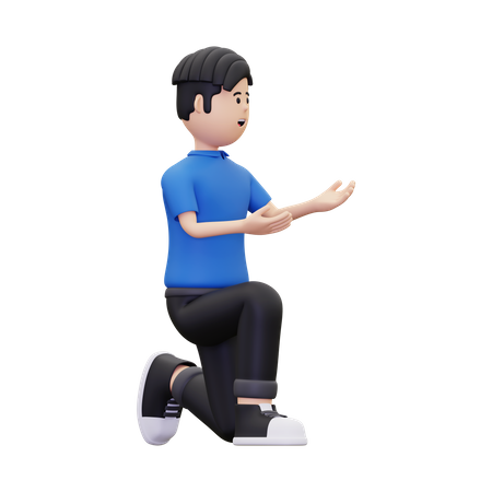 Man sit on knee while showing something right  3D Illustration