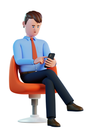 Man sits in a chair with smartphone in his hands  3D Illustration